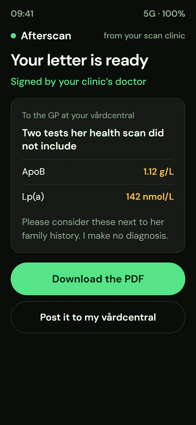 The letter the clinic’s doctor signed, in the client app: two tests the scan skipped, both results, and buttons to download it or post it to the vårdcentral